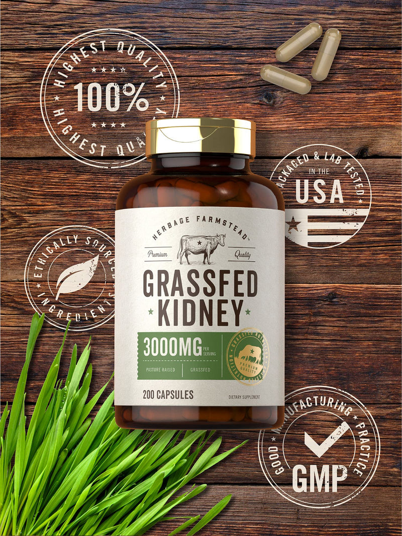 Carlyle Grass Fed Beef Kidney Supplement | 200 Capsules | 3000mg | Pasture Raised Desiccated Bovine Supplement | Hormone and Pesticide Free | Non-GMO, Gluten Free | by Herbage Farmstead 200 Count (Pack of 1)