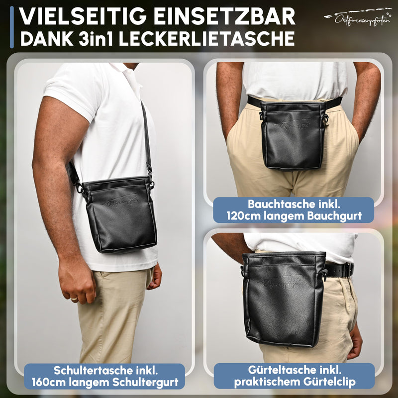 Ostfriesenpfoten® treat bag 'Frieda' for dogs made of high-quality faux leather - black size L - food bag with EasyOpen one-hand magnetic closure - dog treat bag - BeesActive Australia