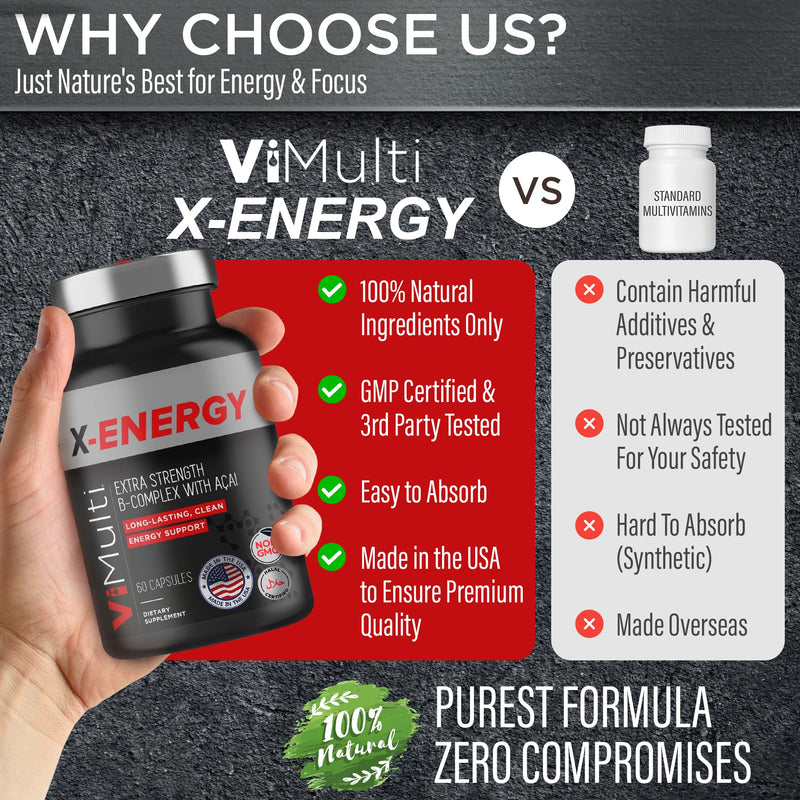 ViMulti X-Energy B Complex with Acai Dietary Supplement - 60 Capsules | For Your Energy Metabolism, Plant Based Formula, B-Complex Vitamins, Folate, Caffeine, Taurine, Magnesium, Ginseng, Rhodiola