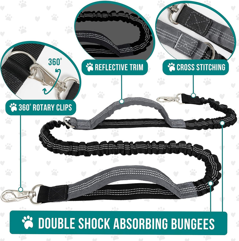 PetAmi Hands Free Dog Leash, Dog Running Leash Belt for Walking Jogging, Dog Waist Zipper Pouch Fanny Pack with Poop Bag Dispenser, Dual Padded Handle Bungee Leash for Small Medium Large Dogs, Double 2 Leashes Purple - BeesActive Australia