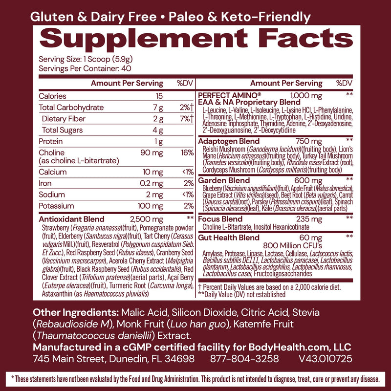 BodyHealth Reds Enhanced with PerfectAmino - Daily Superfood Smoothie Powder with Antioxidants, Adaptogens, Phytonutrients, Fruit, Prebiotics, Probiotics, Fiber, and Protein - 40 Servings 8.3 Ounce (Pack of 1)