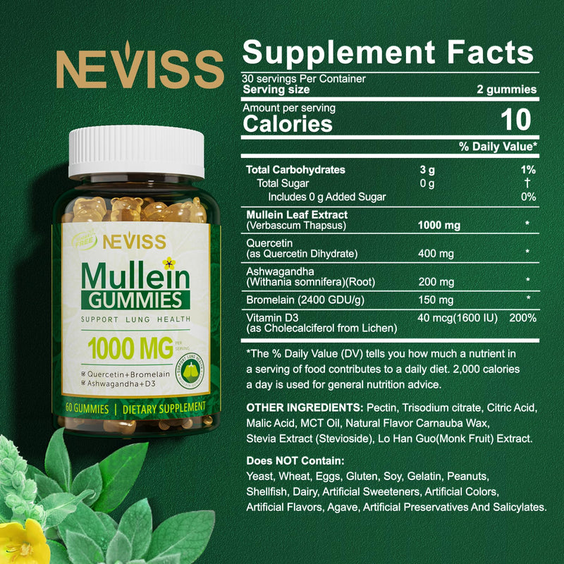 NEVISS Mullein Gummies for Lungs, Organic Mullein Leaf Extract 1000mg for Respiratory System with Quercetin & Bromelain, D3 for Digestive Support, Immune Booster, Sugar Free, Vegan, 60 Count 60 Count (Pack of 1)