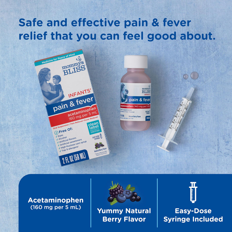 Mommy's Bliss Infants' Pain and Fever Reducer, Baby Acetaminophen, Dye Free, Delicious Mixed Berry Flavor, Ages 2+, 2 Fluid Ounces