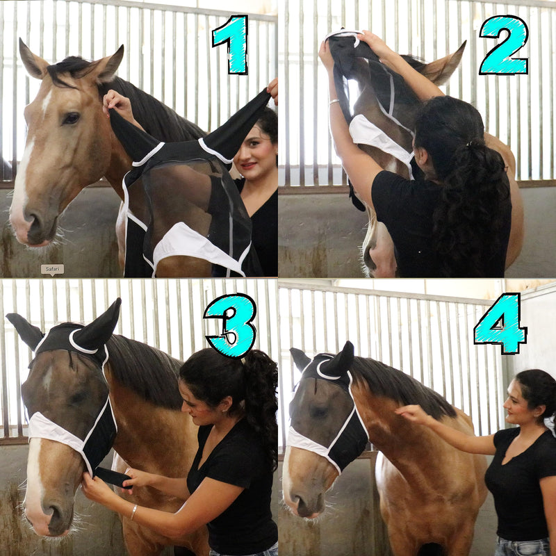 Horse Fly Mask with Ears | UV & Fly Protection | Breathable and Stretchy Lycra Fly Masks for Horses with Double Velcro Closure Black Medium - BeesActive Australia