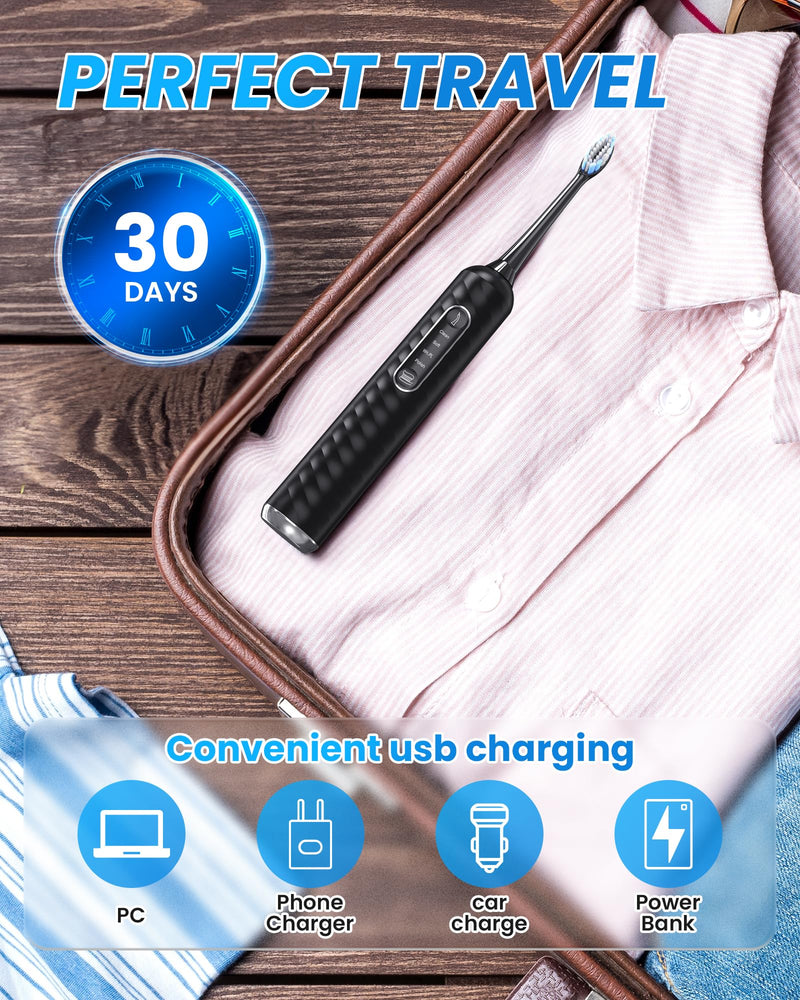 Electric Toothbrush with Water flosser, 3 in 1 Teeth Cleaning Kit with 7 Modes, Electric Toothbrush and flosser Combofor Adults, Water Flosser Portable for Travel and Home (Black) Black - BeesActive Australia