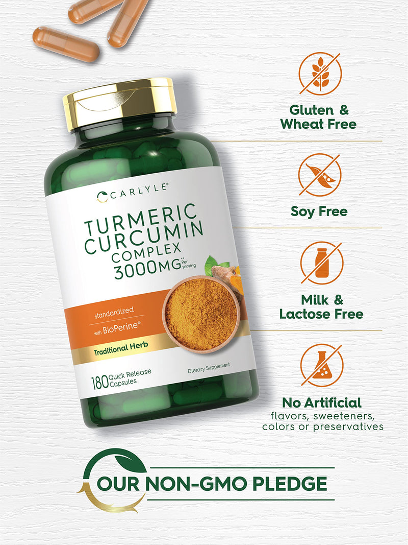 Carlyle Turmeric Curcumin with Black Pepper | 3000mg 180 Capsules | Curcuminoids and Bioperine Supplement | Non-GMO, Gluten Free - BeesActive Australia