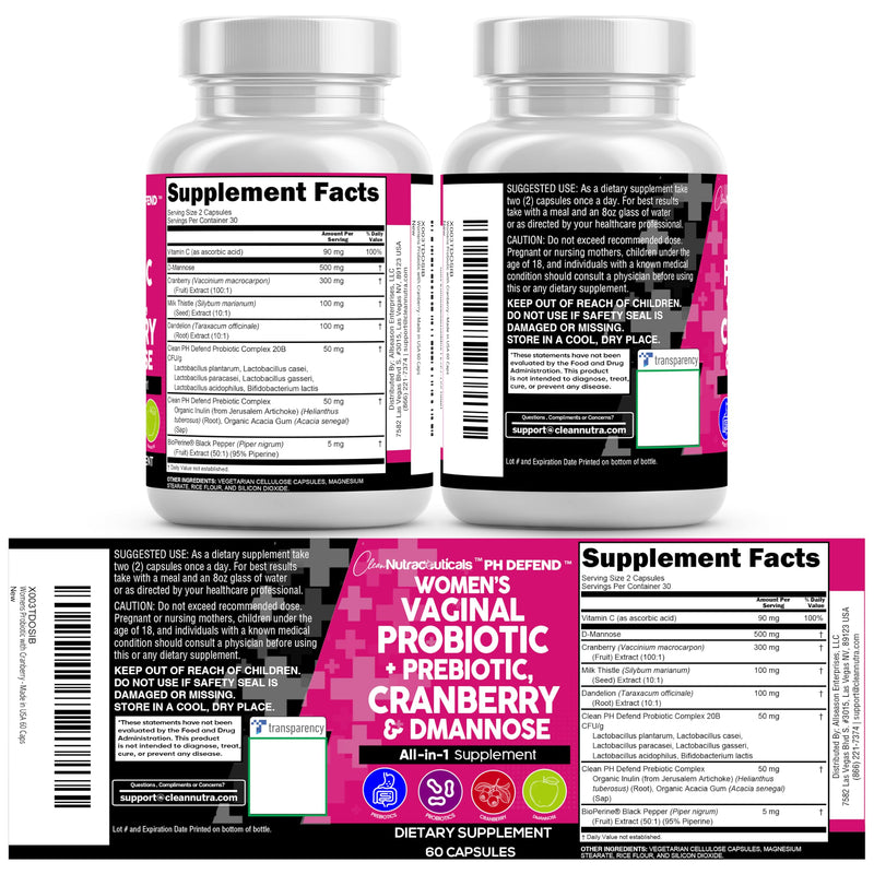 Clean Nutraceuticals Vaginal Probiotics for Women + Prebiotics 20 Billion Cranberry Pills w D-Mannose 500 mg for Urinary Tract Health pH Balance - for Vaginal Health Supplements Pills - 2Pack 2