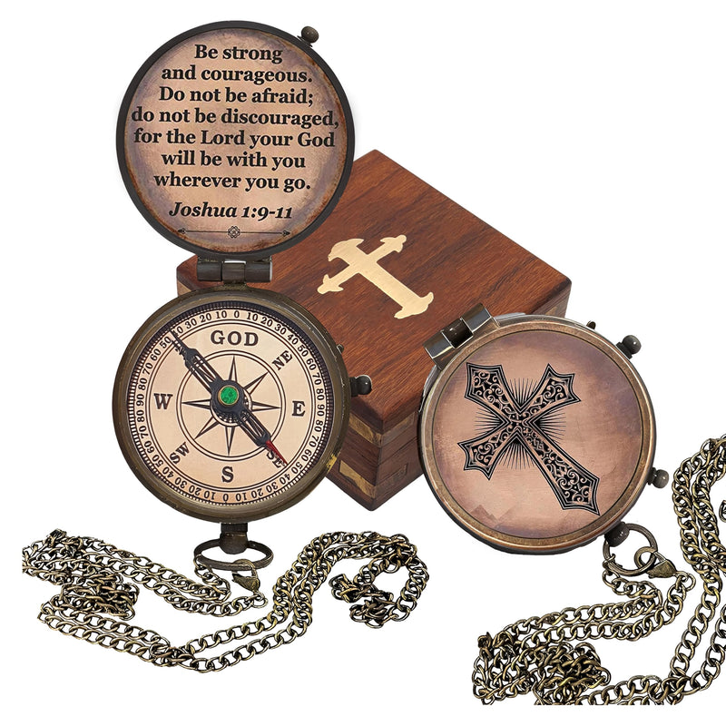 Baptism Gift Personalized Keepsake Compass Engraved Cross and Be Strong and Courageous, Confirmation Gift Ideas, Gift of Faith. Missionary Antique with Wooden Box - BeesActive Australia