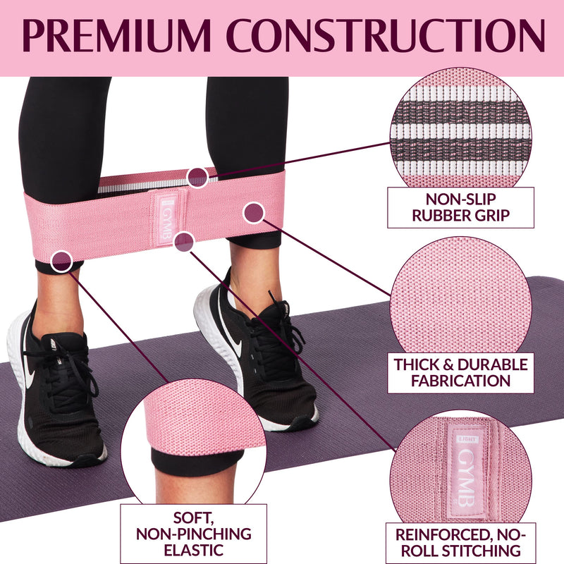 Gymbee Premium Resistance Bands for Working Out - Exercise Bands to Workout Glutes, Thighs & Legs - No Slip Cloth Booty Bands for Gym & Home Fitness, Yoga, Strength & Pilates for Men/Women - 3 Levels Black, Grey, Pink