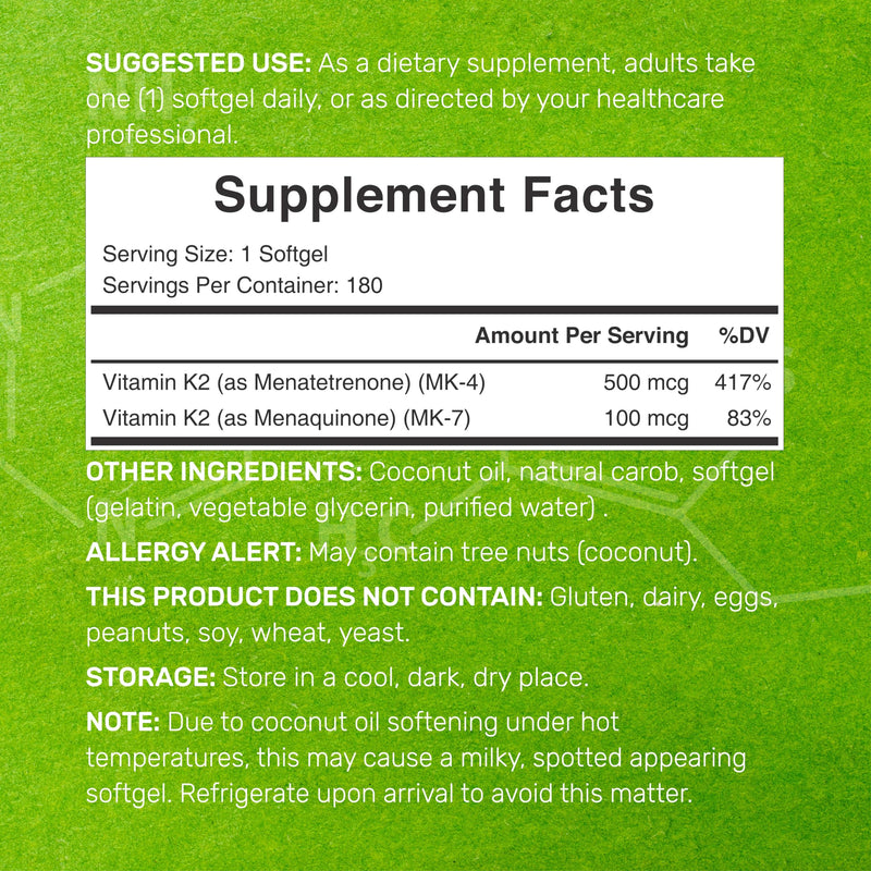 Vitamin K2 Supplement 600mcg, 180 Virgin Coconut Oil Softgels (6 Month Supply) – Full Spectrum MK-7 & MK-4 Forms, High Absorption, Triple Strength K Vitamins – Bone, Joint, & Immune Support – Non-GMO Vitamin K2 MK7 + MK4 - BeesActive Australia