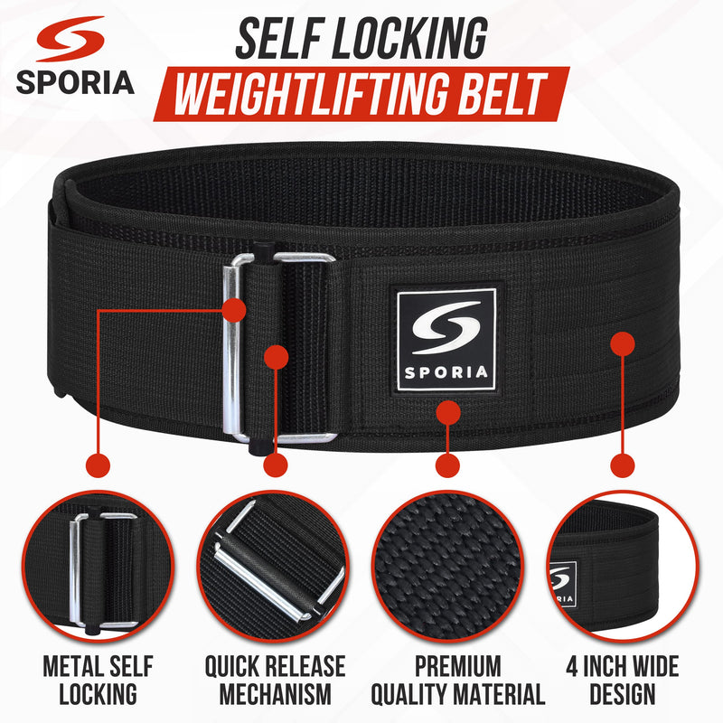 SPORIA Self-Locking Weight Lifting Belt | 4 inch Back Support | Includes Lifting Straps Medium Black - BeesActive Australia