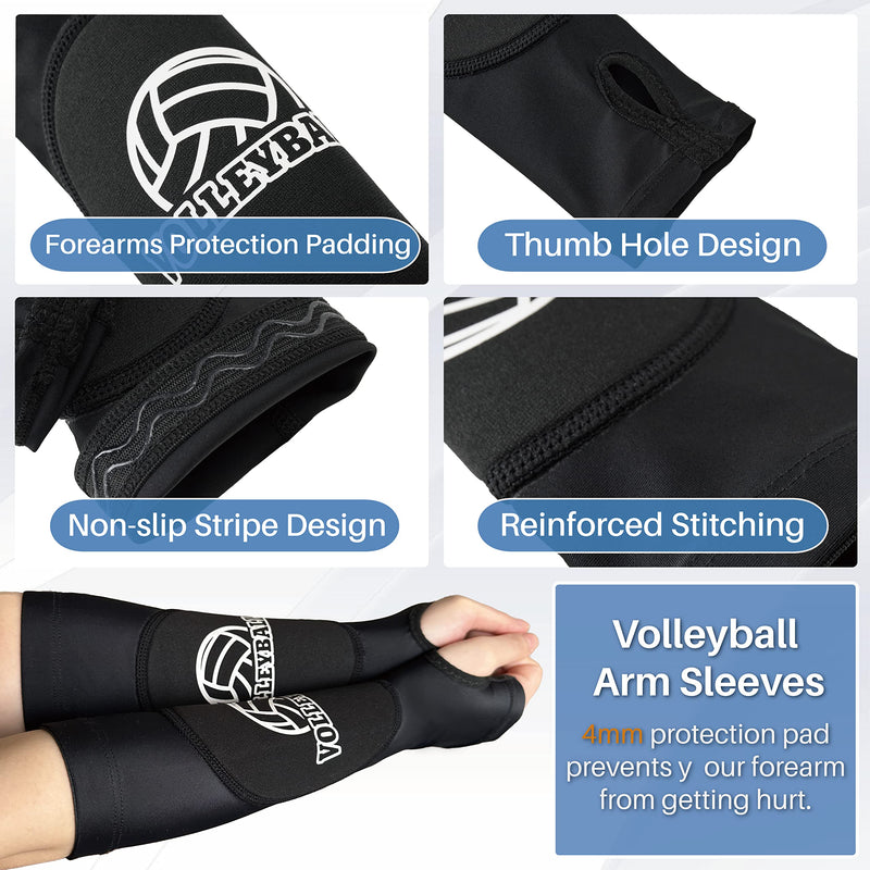 Volleyball Arm Sleeves and Knee Pads Set Passing Forearm Sleeves with Protection Pads and Thumbhole Volleyball Training Gear for Girls Teen Youth Women Black - 2 Sets - BeesActive Australia