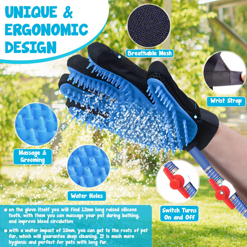 Dog Shower Attachment Glove | Pet Washing Brush Sprayer Bath Scrubber with Dog Towel | Outdoor and Indoor Bathing Hose Nozzle Grooming Mitt | Portable Wash Scrub Water Shower Spray | Blue - BeesActive Australia