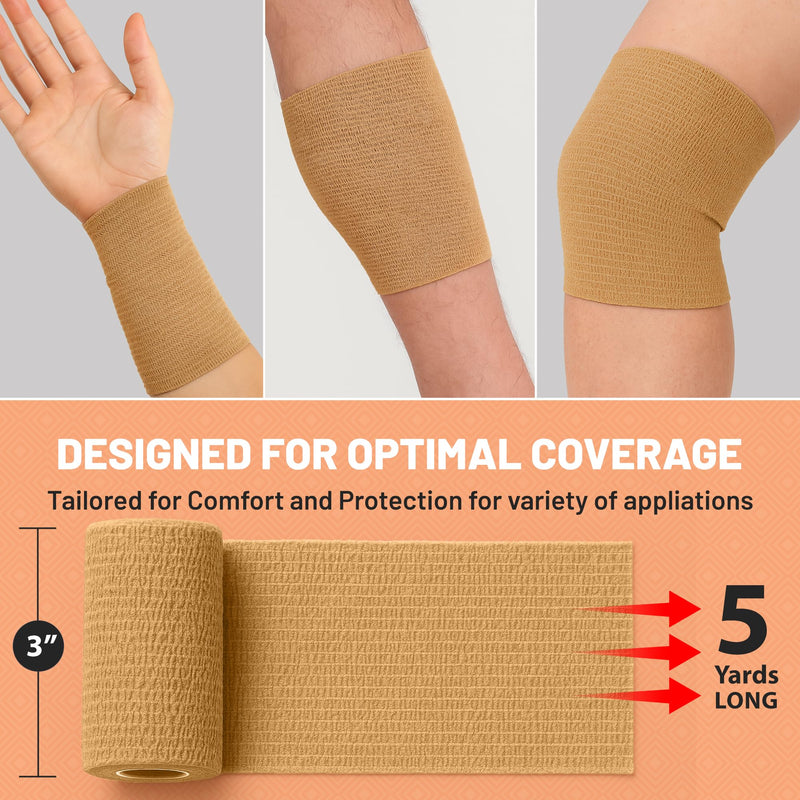 Self Adherent Wrap - Bulk Pack of 6, Athletic Tape Rolls and Sports Wraps, Self Cohesive Non-Woven Adhesive Bandage (3 in x 5 Yards) for Ankle Sprains & Swelling 6 Count (Pack of 1) Beige - BeesActive Australia