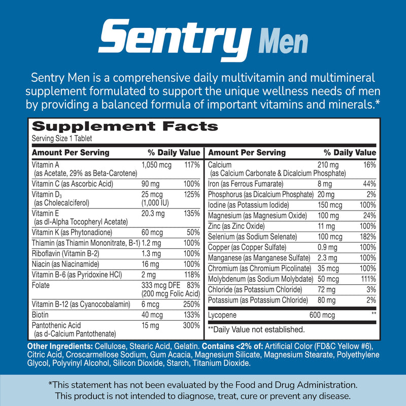 21st Century Sentry Men Multivitamin Tablets, Daily Support, 120 Count | Complete Daily Multivitamin & Multimineral, Compare VS. Centrum® Men, Men for Energy, Immunity & Metabolism Support