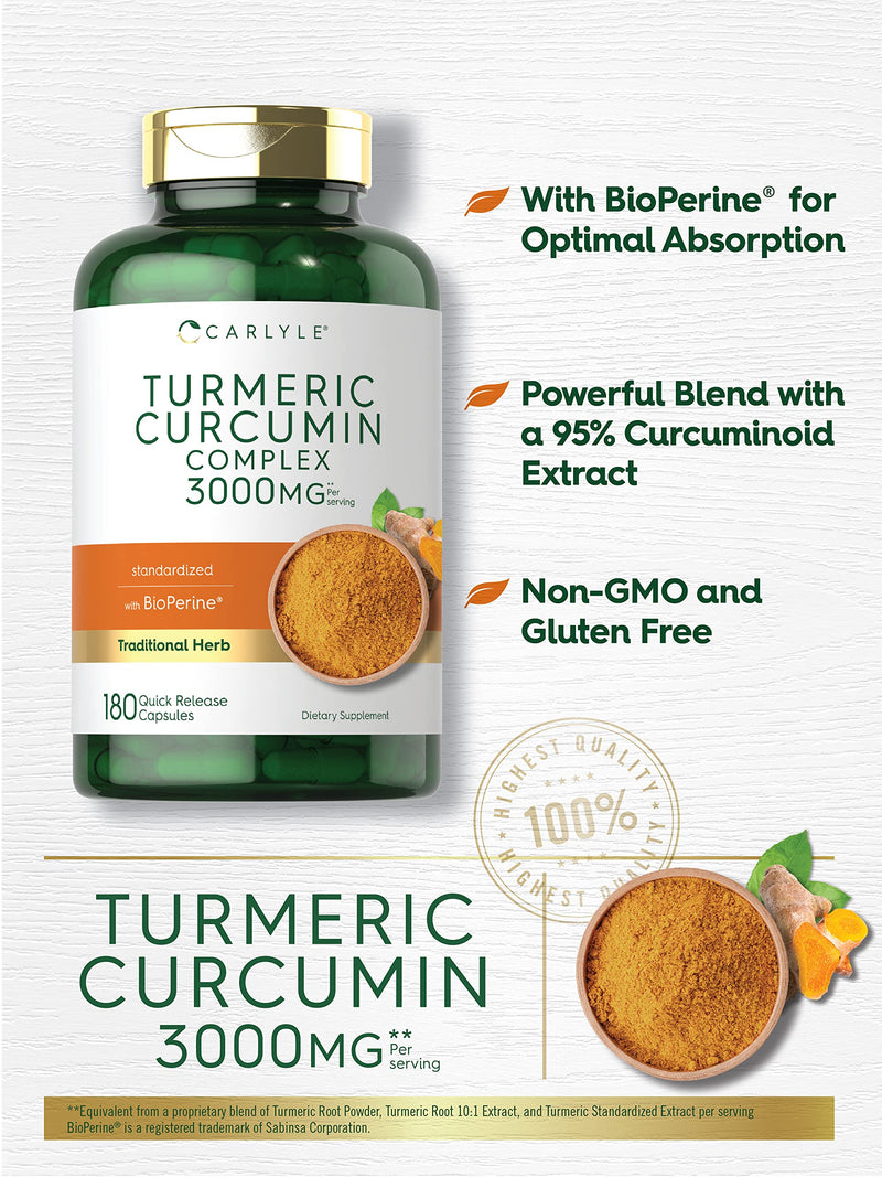 Carlyle Turmeric Curcumin with Black Pepper | 3000mg 180 Capsules | Curcuminoids and Bioperine Supplement | Non-GMO, Gluten Free - BeesActive Australia