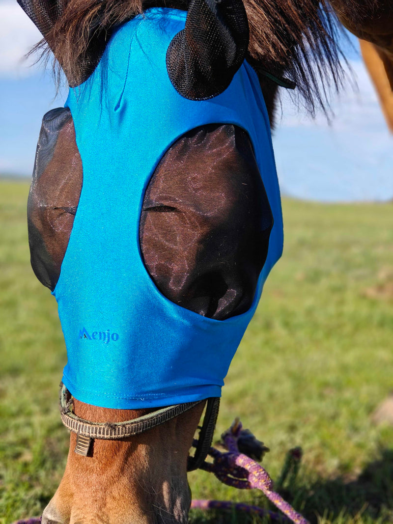 Azure Blue Menjo Outdoors Elastic Horse Fly Mask with Ears, Cobs/Arabians/Small Headed Horses Azure Blue - BeesActive Australia