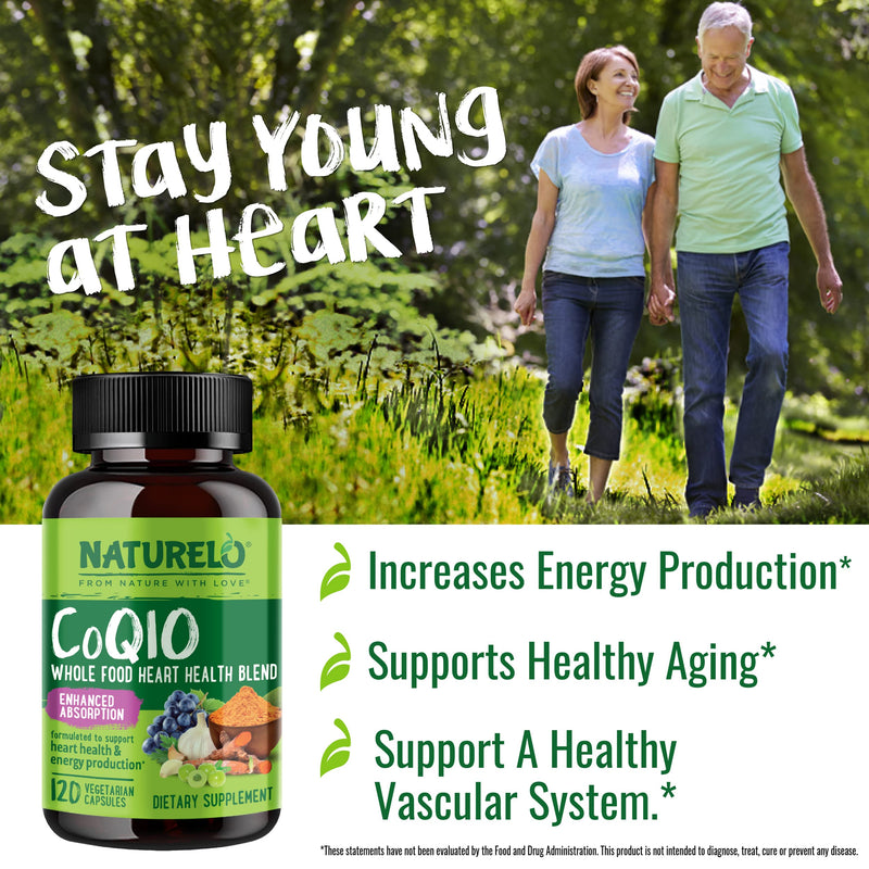NATURELO Whole Food CoQ10 Supplement, 120 Vegetarian Capsules | Heart Health Blend, Powerful Antioxidant, CoQ10 100mg Supports Energy Production Unflavored 120 Count (Pack of 1)