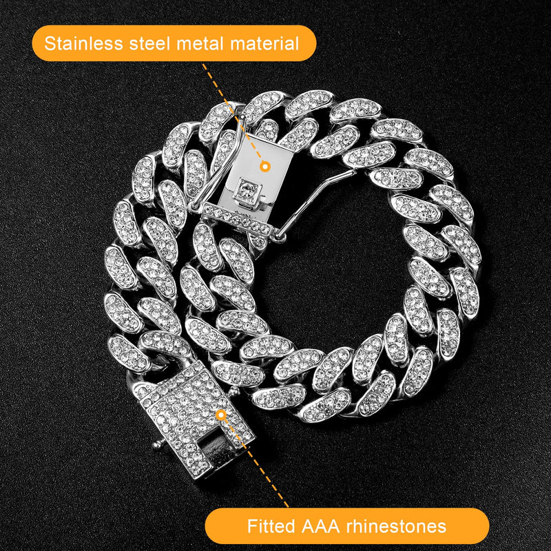 1PCS Dog Collar Diamond Cat Chain Collar Puppy Chain Dog Cuban Link Collar 12mm Wide Metal Pet Cat Dog Chain Pet Crystal Collar Jewelry Accessories for Large Medium Small Dogs Cats (8.66 Inch)(Silver) silver - BeesActive Australia