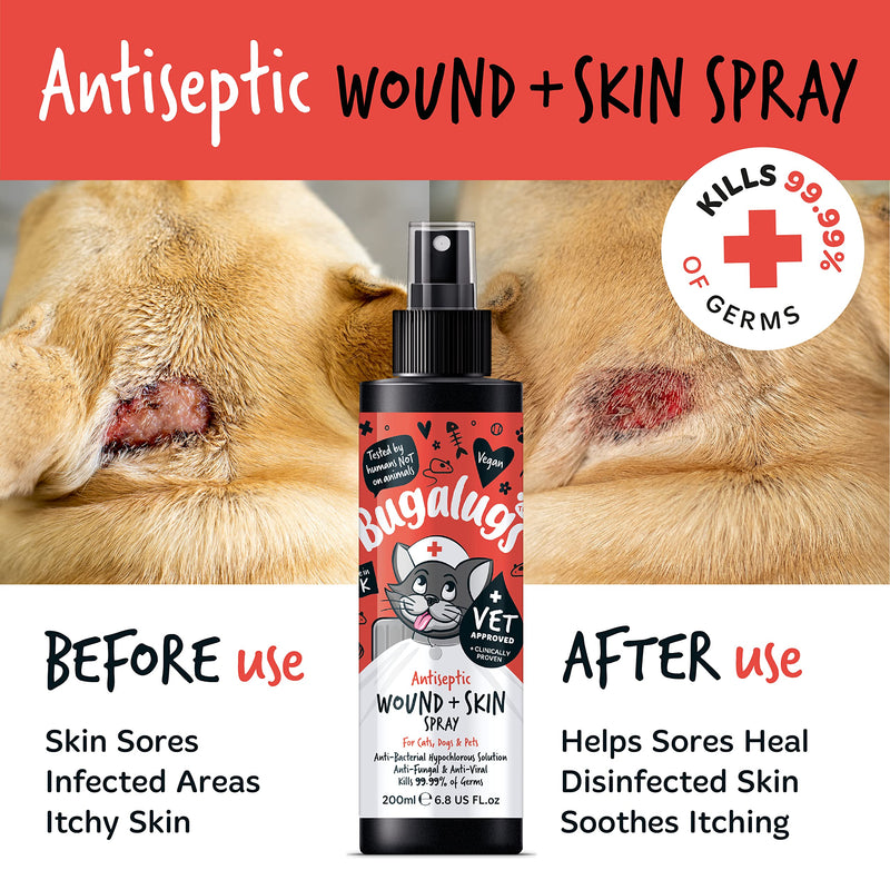 BUGALUGS Cat Wound & Skin Antiseptic spray 200ml - Antibacterial, Antiviral, Antifungal spray for itchy cat skin relief - Hypochlorous acid essential first aid kit for Cats and Pets Cat 200ml