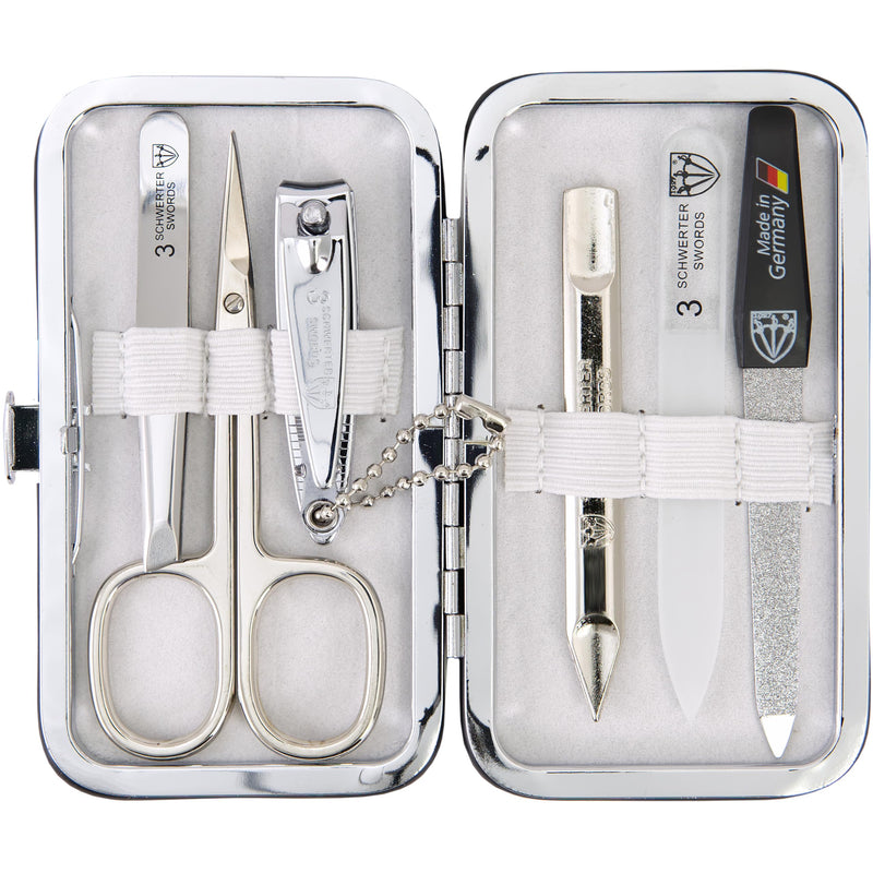 3 Swords Germany - Brand Quality 6 piece Manicure Pedicure Grooming kit Set - Scissors, Metal and Glass Nail File, Clipper, Tweezers with Synthetic Leather case - White
