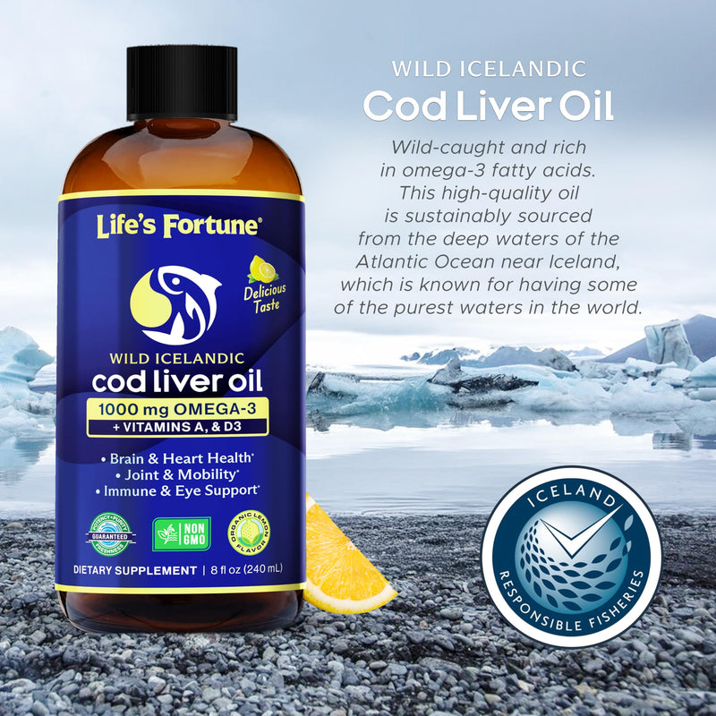 Life's Fortune Cod Liver Oil Liquid Organic Lemon Flavor (8 Oz) 1,000 mg Omega + Vitamin A, E & D3 - Supports Immune Health - 100% Fish Oil Supplement from Wild Ocean Cod-GMO Free 8 Fl Oz (Pack of 1)