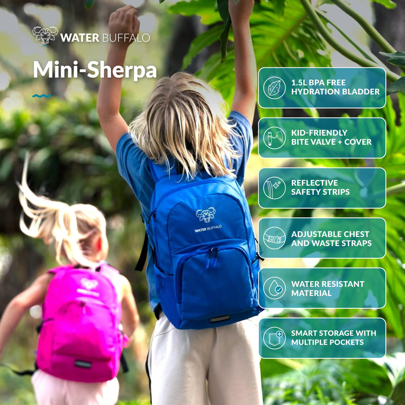 Water Buffalo Mini Sherpa Kids Hiking Backpack & Hydration Backpack, with 1.5L Bladder, Adjustable Fit, Reflective Trim Pink Small