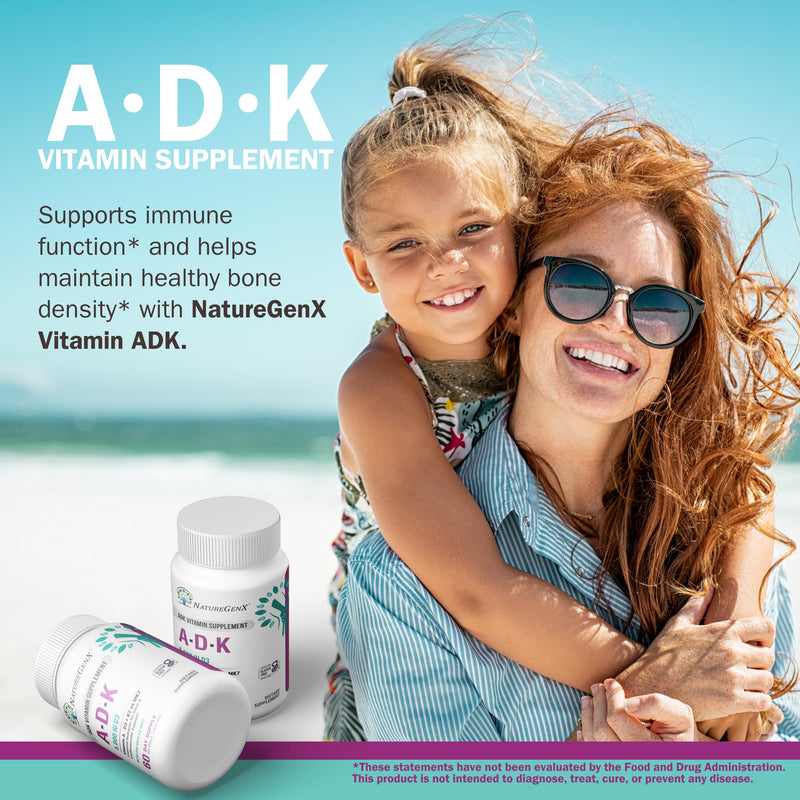 NatureGenX ADK Vitamin Supplement – Vitamins A, D3 & K2 MK-7 for Bone Health & Calcium Absorption – Gluten-Free, Non-GMO, Soy-Free – 120 Capsules, 2-Pack (4-Month Supply) | For Bone Health & Calcium Absorption - Immune Support, Gluten-Free, Non-GMO, So...