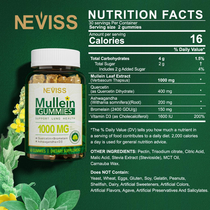NEVISS Mullein Gummies for Lungs, Organic Mullein Leaf Extract 1000mg for Respiratory System with Quercetin & Bromelain, D3 for Digestive Support, Immune Booster, Sugar Free, Vegan, 120 Count 60 Count (Pack of 2)