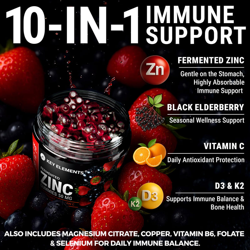 KEY ELEMENTS Immune Support Zinc Gummies 50mg with Elderberry Vitamin C | Rich Berry Taste Natural Antioxidant Zinc Supplements with Copper Vitamin D3 K2 Magnesium | Sugar-Free, 120 Gummies