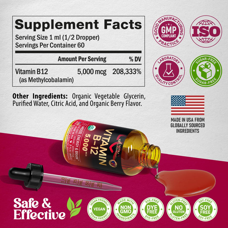 USDA Organic Vitamin B12 Sublingual Drops - Methylcobalamin 5000 mcg - 2 Oz | Vitamin B12 for Women & Men - Energy Boost, Focus & Brain Support - Bioavailable - Berry Flavor, Sugar-Free - 60-Day Supply Drops 2 fl oz