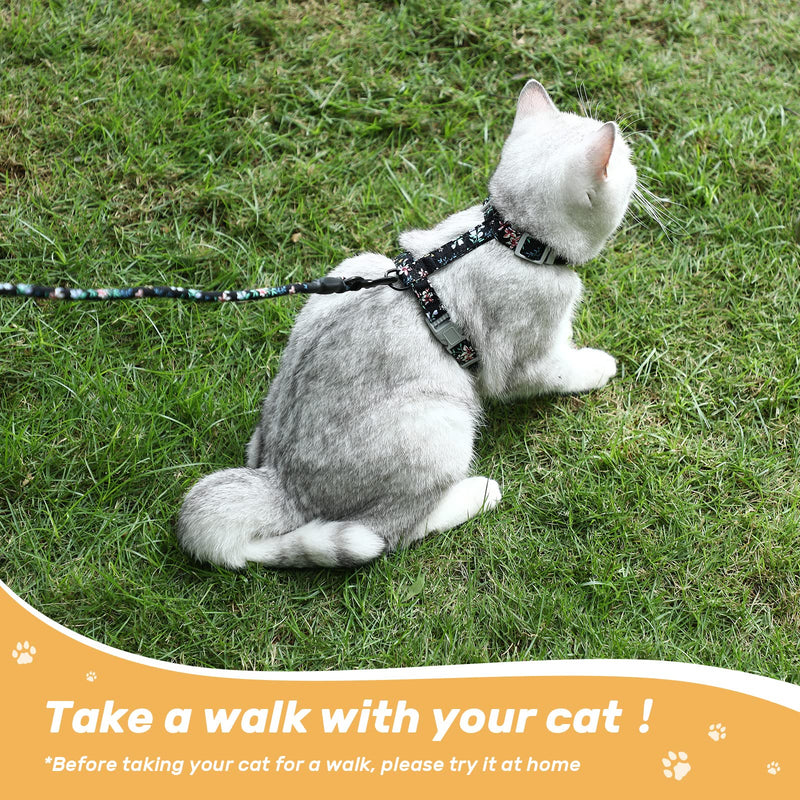 PETTOM floral pattern cat harness with leash cat leash with harness for cats with round lanyard escape-proof adjustable chest strap suitable for small and medium cats M black - BeesActive Australia