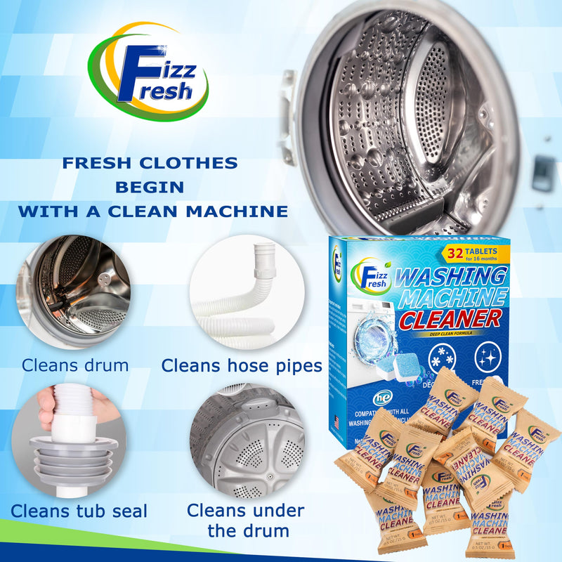 Washing Machine Cleaner Tablets 32-Pack - Deep Cleaner Descaler for Front Load or Top Load Washer - Clean Inside Drum, Tub seal & other Parts Descaler & septic safe - BeesActive Australia