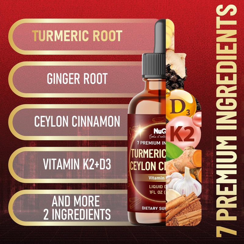 7in1 Liquid Turmeric Curcumin with Vitamin D3, Vitamin K2, Ginger, Ceylon Cinnamon, Garlic, Black Pepper - Drops Extract - 2 Month Supply