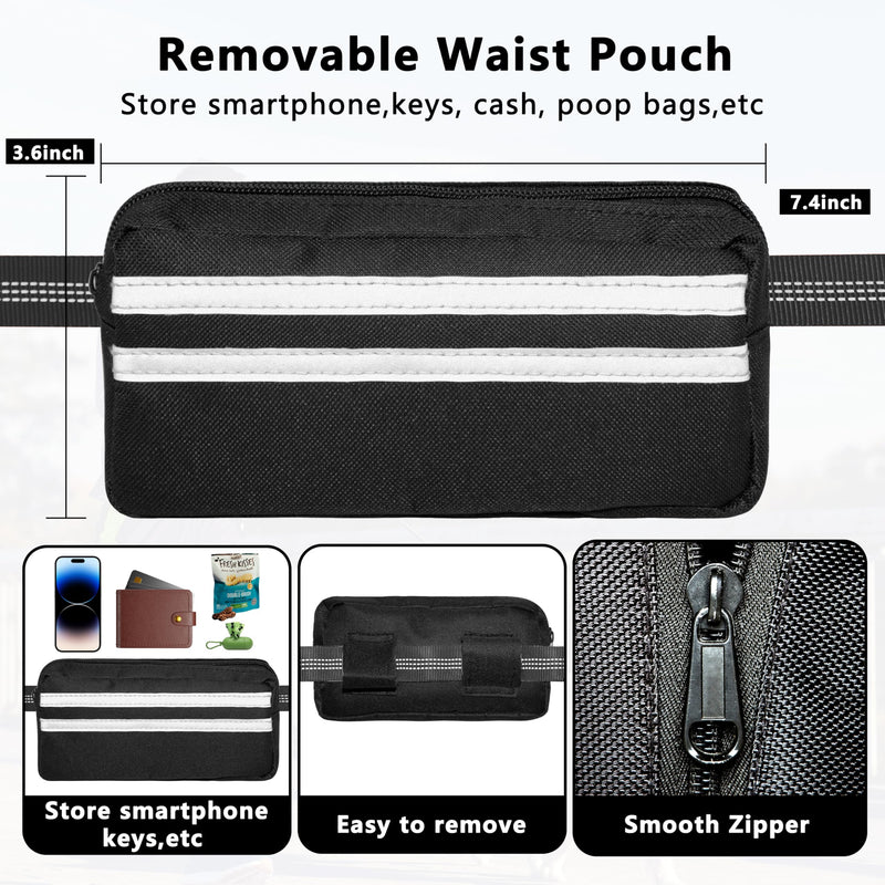 Hands Free Dog Leash with Zipper Pouch, Running Waist Leash for Dog Walking, Adjustable Waist Belt for Large Dogs, Reflective Bungee Design with Two Handle for Hiking,Training, Black