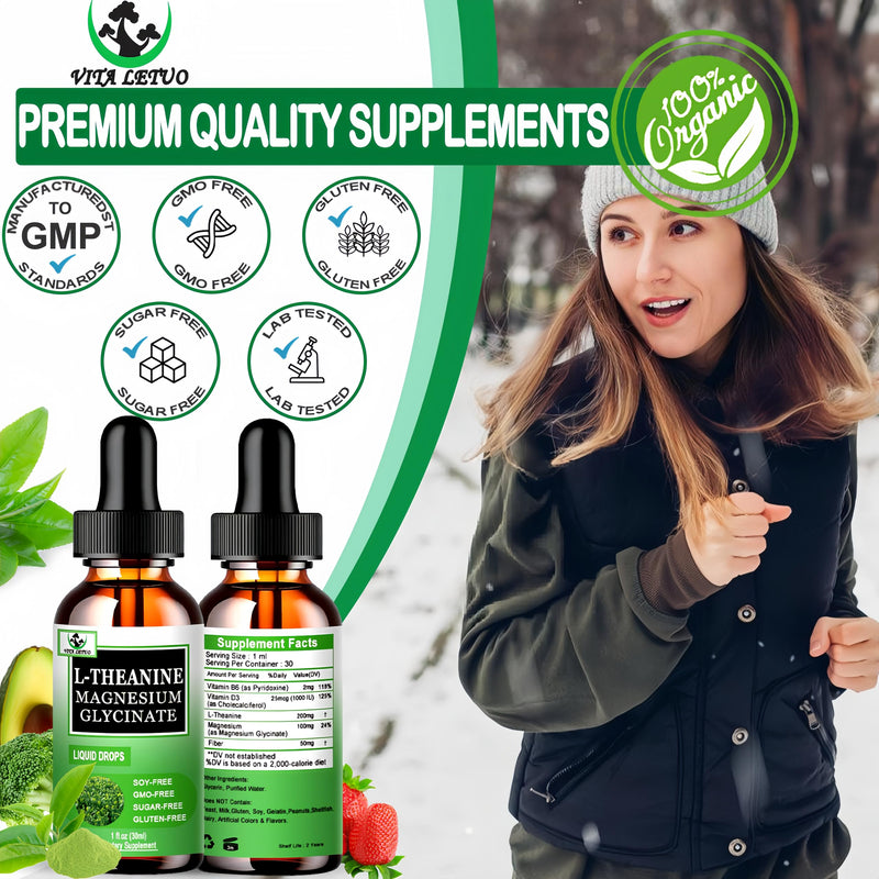 L Theanine Drops, Liquid L-Theanine Supplement 200mg w/Magnesium Glycinate,Vitamins,Fiber for Relaxation,Sleep,Digestion, Calm,High Absorption Mood Support for Adults & Kids,Plant Based,Non-GMO
