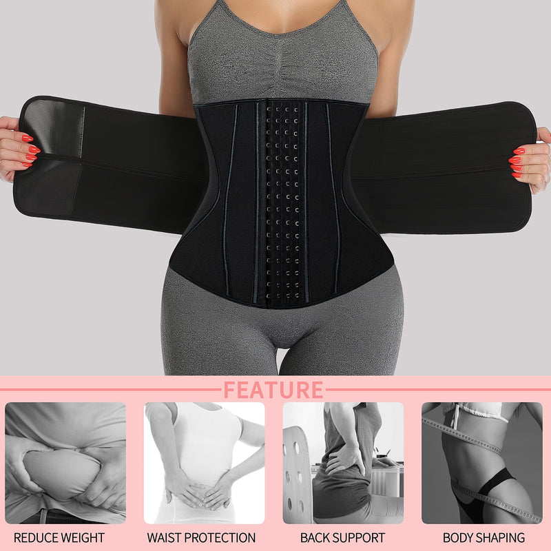 KIWI RATA Neoprene Sauna Waist Trainer Corset Sweat Belt for Women Compression Cincher Band Workout Fitness Back Support Medium #3 Hooks Black(13 X-steel Bones 2 Straps)