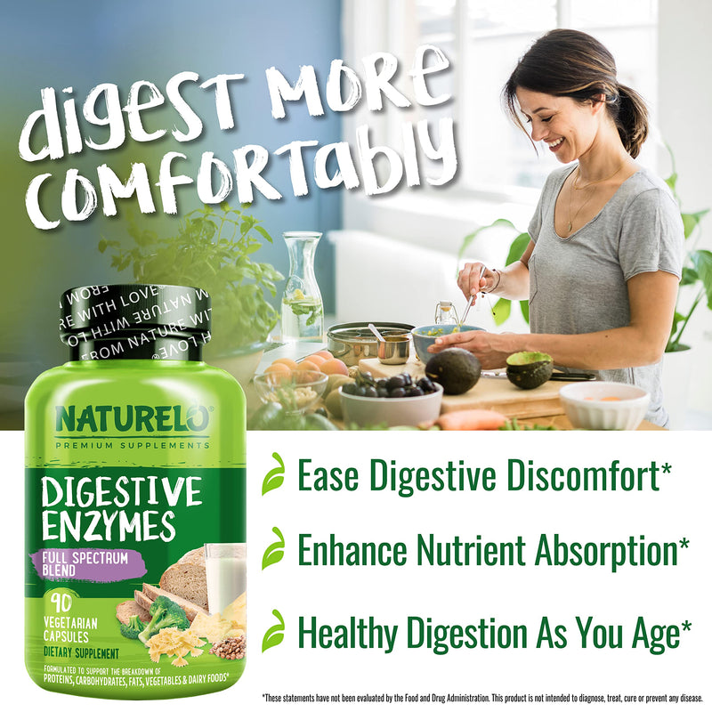 NATURELO Digestive Enzymes with Ginger, 90 Vegan Capsules, 2 Pack | Full Spectrum Support, Broad Blend of 15 Digestive Enzymes for Men and Women Unflavored 90 Count (Pack of 2)