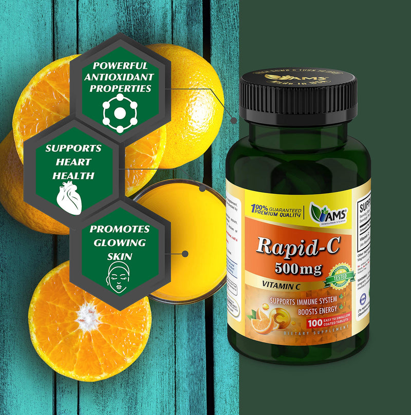 America Medic & Science Rapid-C 500mg Vitamin C Supplement (2 Pack of 100 Tablets) Energy Booster, Daily Immune System Support, Antioxidant | Vegan, Non-GMO Coated Ascorbic Acid for Adult Men & Women 100 Count (Pack of 2)