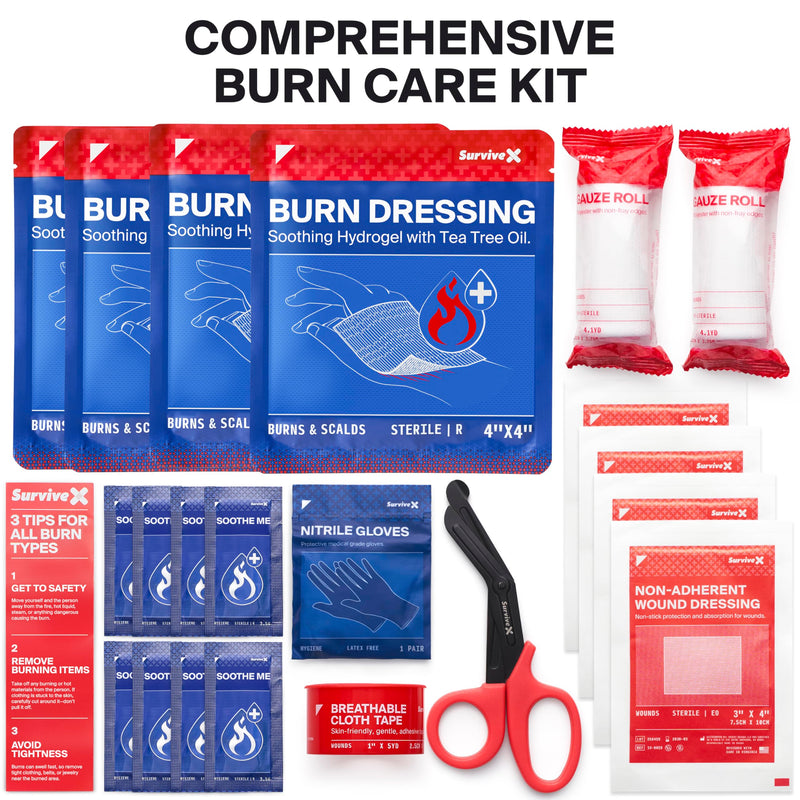 SurviveX Burn Dressing Kit with Tea Tree Oil - Hydrogel Burn Pads, Cooling Gels, Non-Adhesive Dressings & Gauze - Complete First Aid Accessory for Instant Cooling, Soothing & Burn Relief
