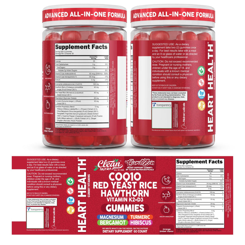 Clean Nutra CoQ10 Gummies Red Yeast Rice Hawthorn K2 Vitamin Supplement Magnesium Glycinate Turmeric Citrus Bergamot Hibiscus VIT D K Fenugreek Garlic Supplements Heart Support Gummy 60ct