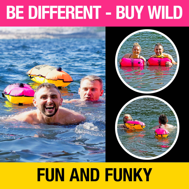 Wild Swim Buoy for Open Water Swimmers | Waterproof Tow Float Swim Bubble for Adults | Triathlon Buoy Float | Swimmer Gear | Wild Swimming Accessories Pink/Yellow
