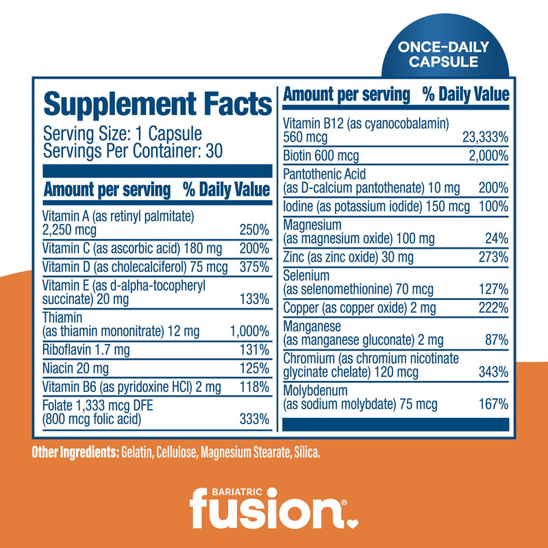Bariatric Fusion Bariatric Multivitamin Without Iron | 1 Per Day | Post Surgery Patients | Iron Free Vitamin for Gastric Bypass and Sleeve Gastrectomy | Easy to Swallow Capsules | One Month Supply 1 Per Day - 1 Month Supply