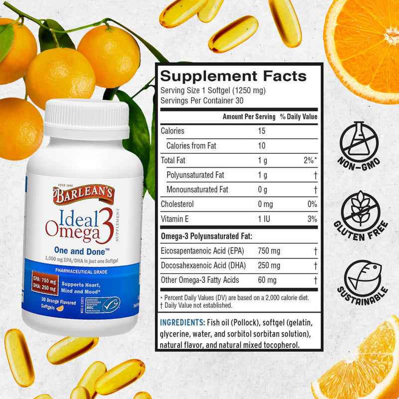 Barlean's Ideal Omega 3 Nutritional Supplement Softgels with 1,000mg EPA/DHA for Heart, Mind, and Mood - Certified Sustainable Seafood, Pharmaceutical Grade - 30-Count | Wild-caught fish oil, EPA DHA omega-3, 1 softgel daily, Burpless, Non-GMO, Gluten-...