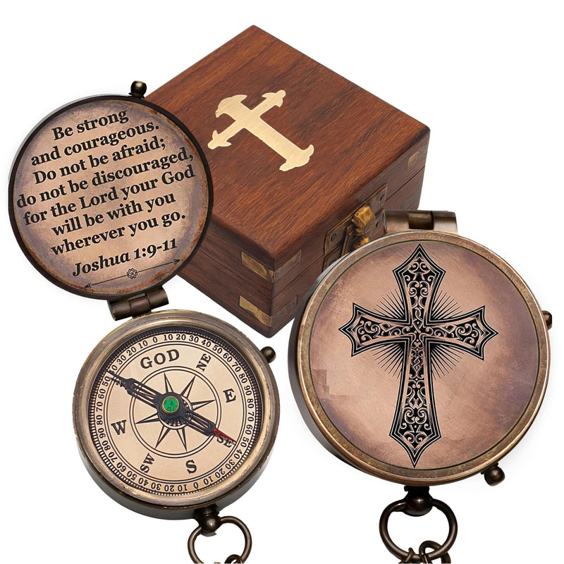 Baptism Gift Personalized Keepsake Compass Engraved Cross and Be Strong and Courageous, Confirmation Gift Ideas, Gift of Faith. Missionary Antique with Wooden Box - BeesActive Australia