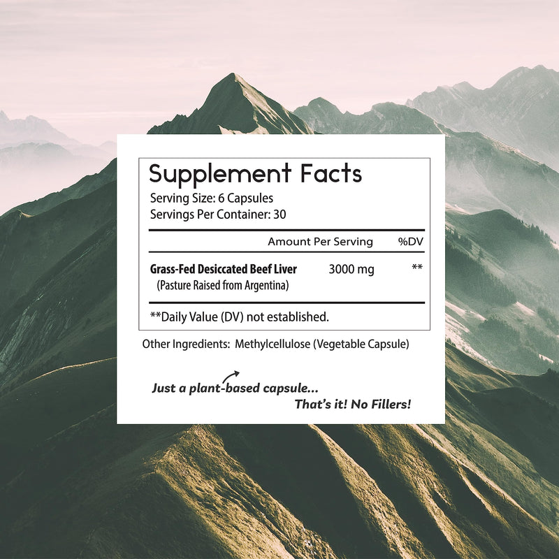 Toms Remedies Grassfed Beef Liver Supplement, 3000mg - Iron & Energy | Liver Supplement, Pasture Raised in Argentina, Natural Source of Iron, Vitamins A & B - Non-GMO & Hormone Free (180 Caps)