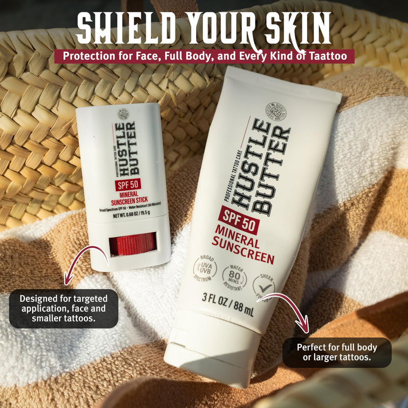 Hustle Butter Tattoo Aftercare Sunscreen Stick - Tattoo Sunscreen Stick, Fade Protection SPF 50, Hydrating with Shea Butter & Coconut Oil, TSA-Friendly, Water Resistant, Non-Greasy, 0.68 oz 0.68 Ounce (Pack of 1)