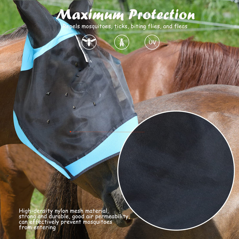 Fly Masks for Horses Equestrian Horse Supplies Horse Fly Mask with Ear Breathable Fine Mesh for Eye Protection from Insect Pests and UV Protection, Adjustable Fit for Comfort (Blue, Large) BLUE - BeesActive Australia