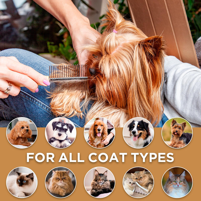 Takavu Metal Dog Comb for Removes Tangles and Knots, Cat Comb for Removing Matted Fur, Stainless Steel Smooth Round Teeth Grooming Tool with Wooden Handle for Grooming Pets Hair Double Side Comb