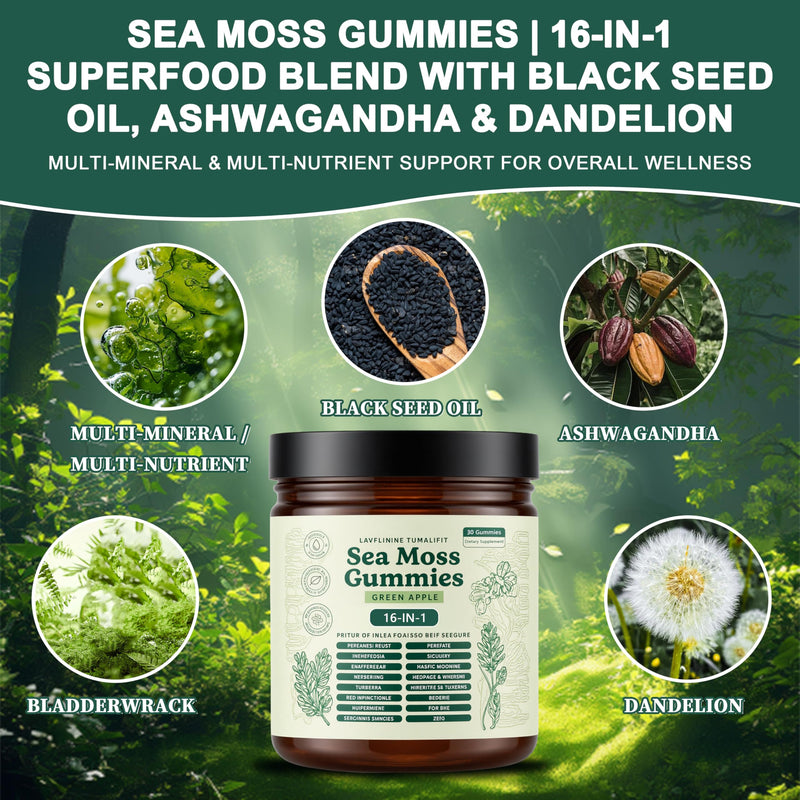 Sea Moss Gummies 16-in-1, Ashwagandha Black Seed Oil Bladder Wrack Turmeric Vitamin C, Apple Cider Vinegar, Non-GMO (Green Apple)